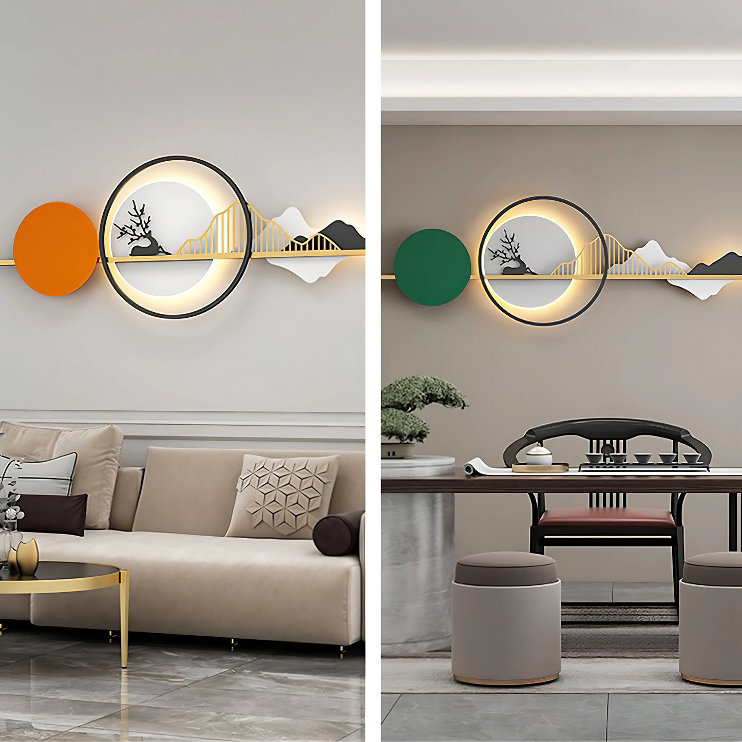 modern led wall light, artistic mountain landscape design, decorative circle sconce with green accent, living room lighting