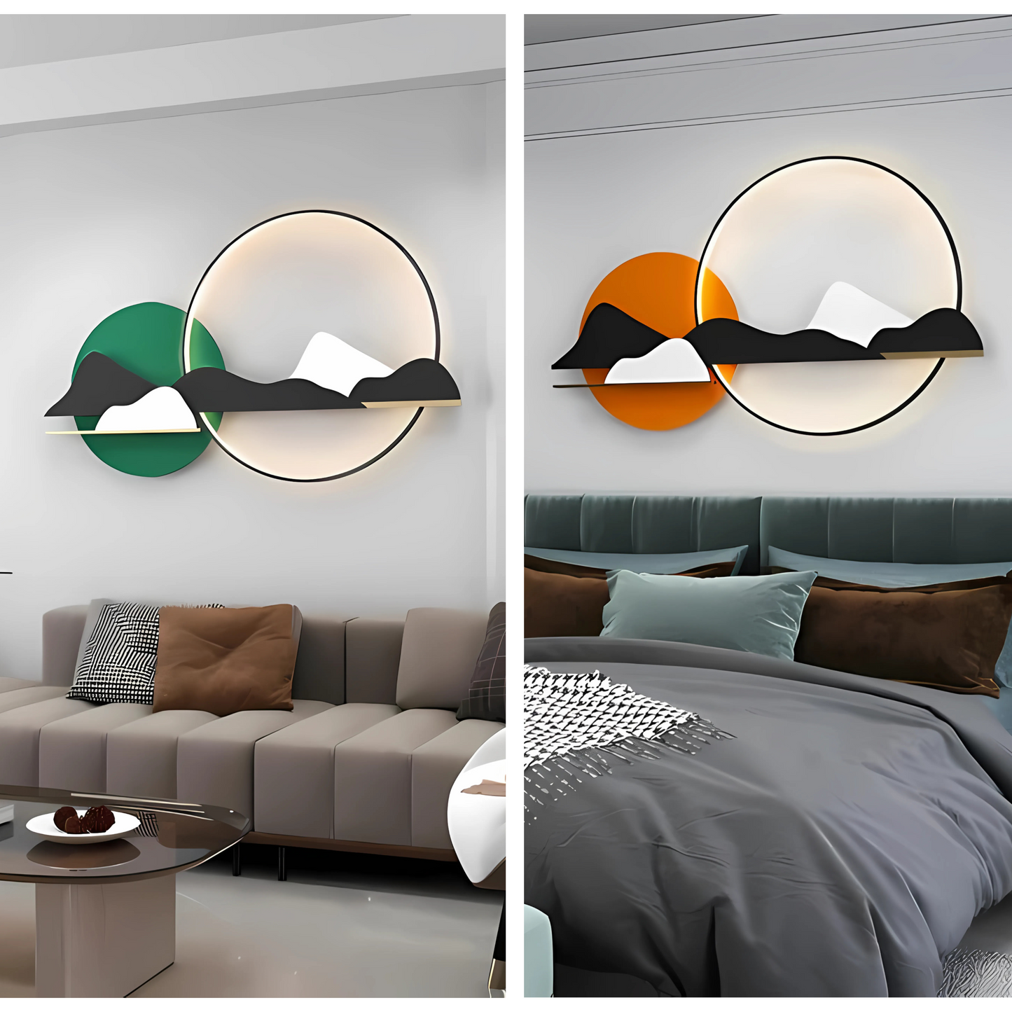 modern geometric wall art for bedroom - minimalist mountain & sunset metal decor with led backlight