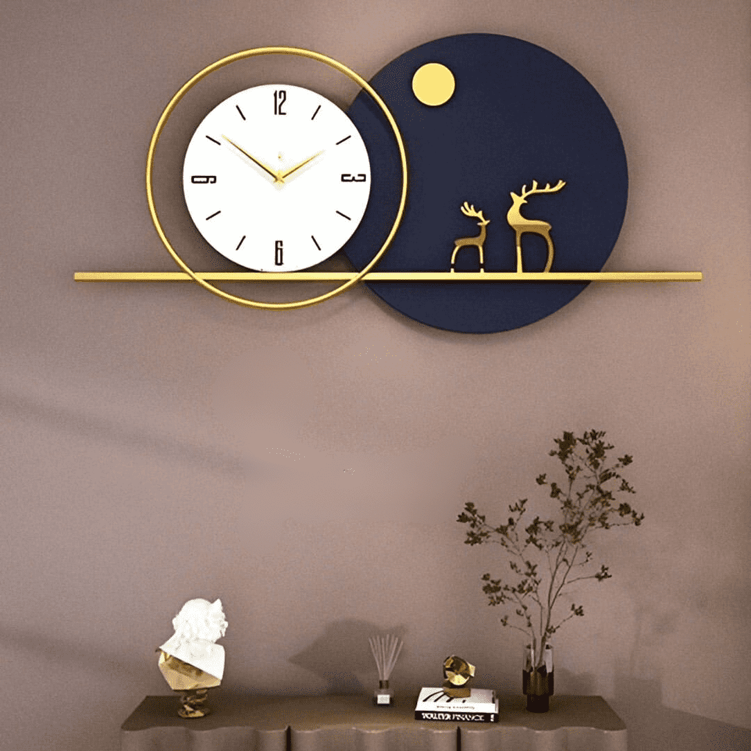 elegant nordic deer wall clock – gold & navy blue design