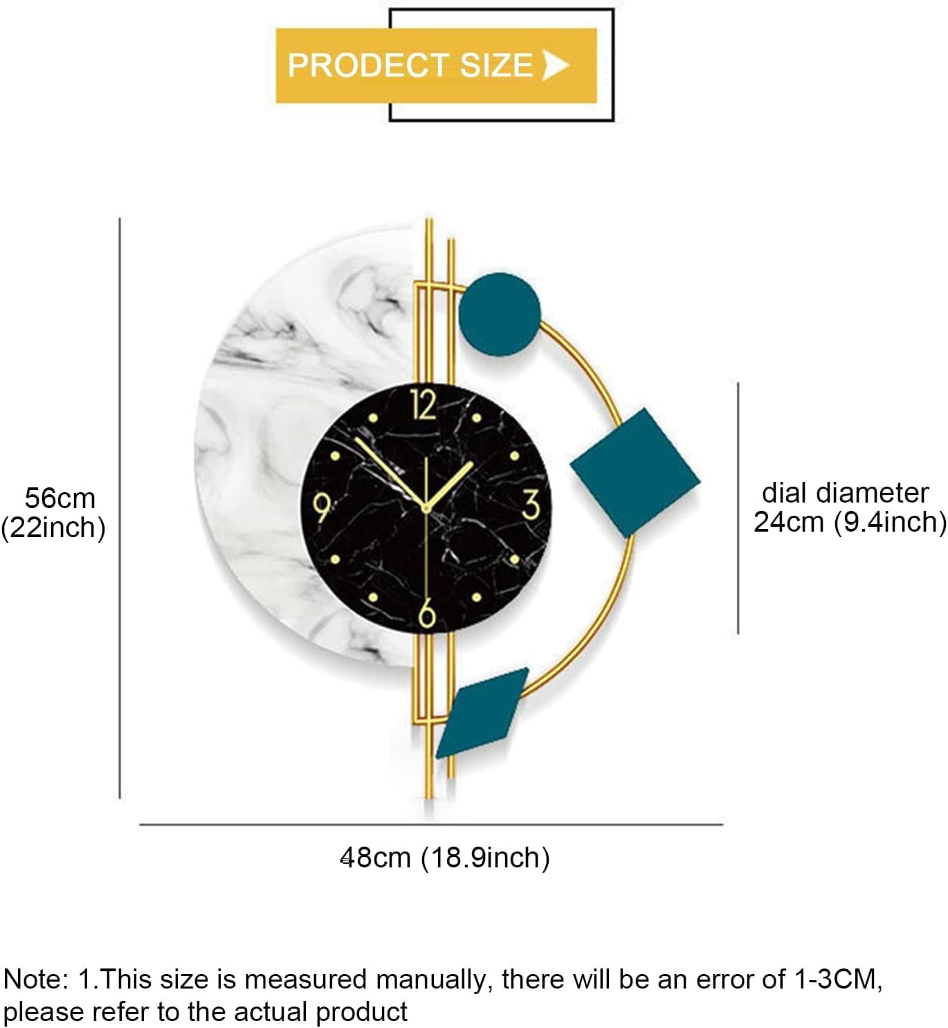 luxury modern geometric wall clock – black, white marble & gold accents