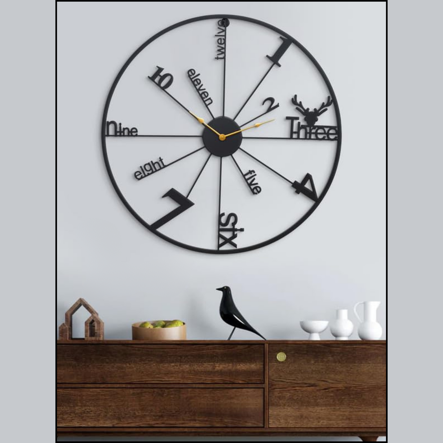 modern geometric metal wall clock – unique number design with stag accent