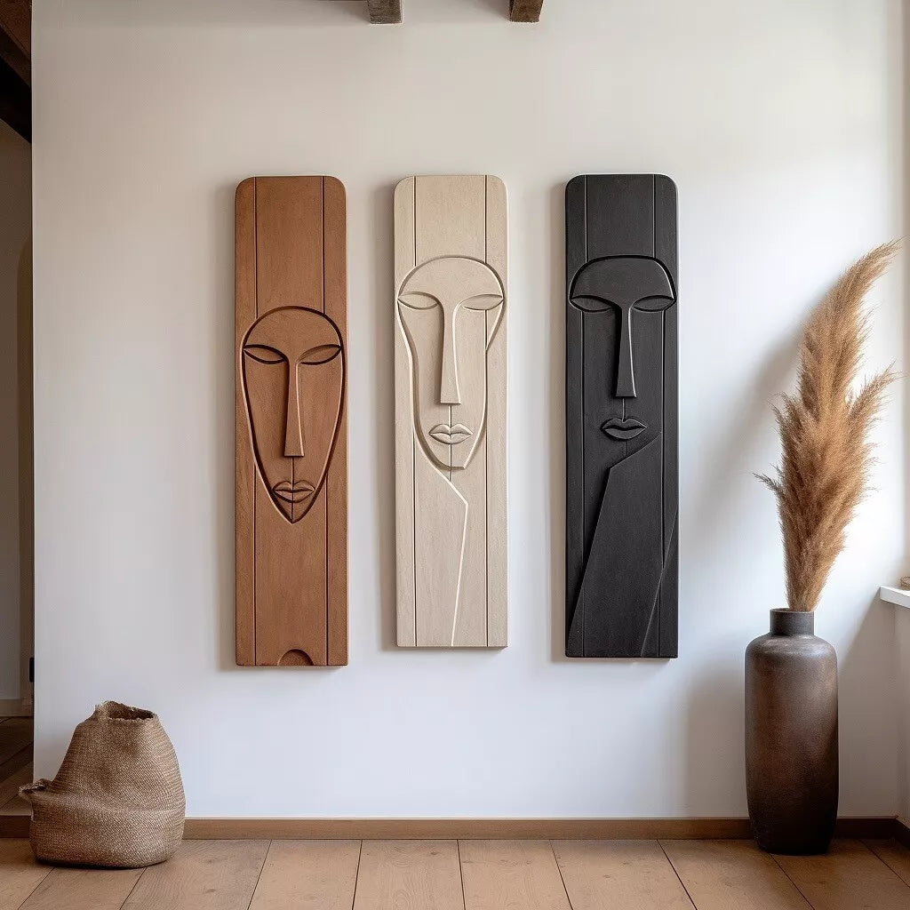 sleek minimalist mask wall art – set of 3 textured panels