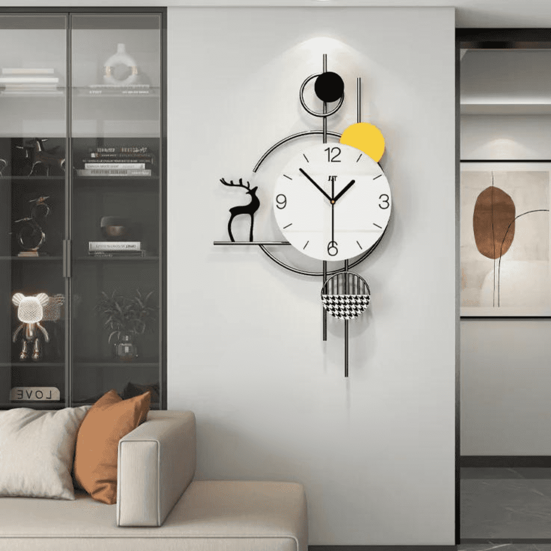modern geometric deer wall clock – black, white & yellow accent
